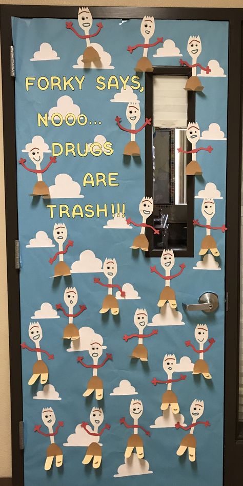 My Forky Classroom Door this year. Toy Story Door Decorations, Red Ribbon Week Door, Halloween Doors, Disney Classroom, Door Decorating Contest, Red Ribbon Week, Door Decorating, Classroom Door, Halloween Door