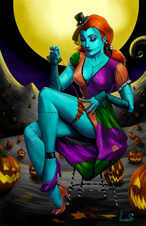 ArtStation - A Nightmare before Pinup, Devin Lawson Sally Pinup, Nightmare Before Christmas Pictures, Nightmare Before Christmas Tattoo, Christmas Tattoo, Sally Nightmare, Disney Wallpapers, Tim Burton Art, Sally Nightmare Before Christmas, Pumpkin King