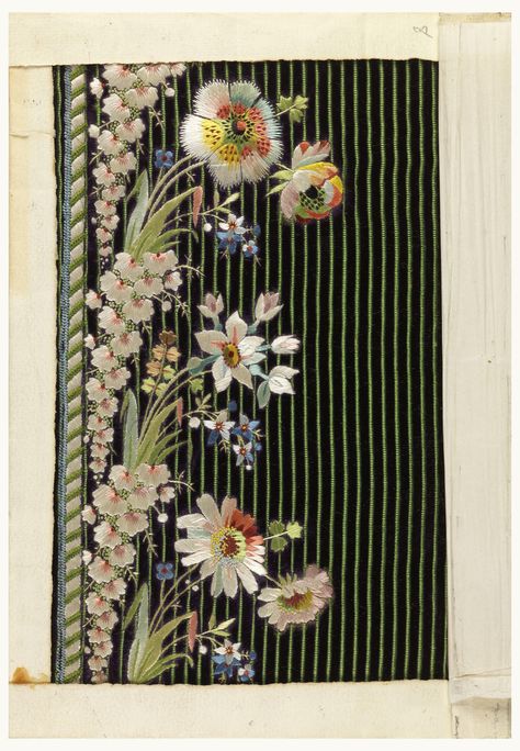 Multicolored silk embroidery in a floral design on a blue ground with green vertical stripes. Embroidery On Stripes, Embroidery Kimono, Stripes Fabric, Embroidery Suits Design, Leaf Wall Art, Silk Ribbon Embroidery, Embroidery Craft, Stitching Art, Vintage Embroidery