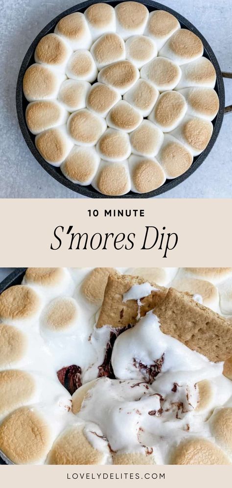 This s'mores dip is full of melted chocolate and gooey, toasted marshmallows. This is the perfect 4th of July dessert idea. It's ready in 10 minutes or less, and you get that same great s'mores taste without the campfire. Follow for more s'mores dessert ideas! Baked S’mores Dip, S’more Dip Oven, American Flag Smores Dip, Oven S’mores Dip, S’mores Dip Recipe, S’more Dip, S'mores Dip, Marshmallow Dessert Ideas, Individual Smores