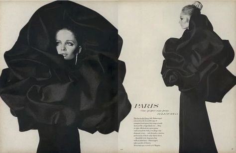 “One perfect rose Balenciaga. The face in the flower, left: Balenciaga’s. A extraordinarily beautiful cape of crumpled black gazar that wraps around the head like a huge black rose... then, at right, falls back in a great gauzy crush around the body, revealing a tiny diamanté crown ... and, beneath, a narrow, perfect stem of black crêpe dinner dress. Balenciaga’s sultry garden of flowers.”  Photographed by Irving Penn, Vogue, September 15,1967 Balenciaga Aesthetic, Balenciaga Couture, Simply Fashion, Cristóbal Balenciaga, Francisco Goya, 20th Century Fashion, Loose Blouse, Comme Des Garcons, Style Retro