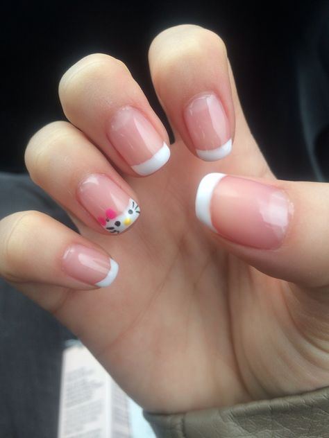 Hello kitty nails Easy Hello Kitty Nail Designs, Hello Kitty Gel Nails Short, Hello Kitty Nails Natural, Hello Kitty Nail Inspo Short, Easy Sanrio Nails, Small Hello Kitty Nails, Hello Kitty Nails Easy, Nails For Cheer, Easy Hello Kitty Nails