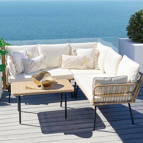 4 Piece Patio Furniture Set, Outdoor Rattan Woven Conversation Rectangular Sofa, Bohemian Removable Balcony Furniture Set, Beach Balcony, L Sofas, Outdoor Wood Furniture, Ocala Florida, Cushions To Make, Balcony Furniture, Patio Backyard, Backyard Porch