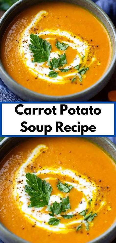 Looking for dinner ideas? Try this Carrot Potato Soup Recipe! It’s a healthy and easy option among soup recipes, blending carrots and potatoes for a satisfying meal. Perfect for simple dinner ideas. Soup Carrots Potatoes, Potato Carrot Soup Recipe, Leftover Carrot Recipes, Carrot And Potato Recipes, Carrot Soup Recipes Easy, Carrot And Potato Soup, Carrot Sweet Potato Soup, Potato And Carrot Soup, Potato Carrot Soup