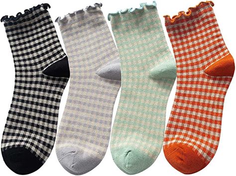 Amazon.com: Women's Cute Ruffle Frilly Striped Color Block Cotton Knit Casual Crew Socks 4 Pairs Size 5-9 (Multi Color B) : Clothing, Shoes & Jewelry Checkered Socks, Frilly Socks, Pilates Socks, Ruffled Socks, Ankle Socks Women, Womens Vintage Dresses, Cute Socks, Calf Socks, Cool Socks