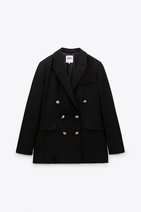 STRAIGHT-CUT BLAZER WITH GOLDEN BUTTONS - Black | ZARA Turkey Cut Blazer, Look Jean, Open Blazer, Zara Blazer, Double Breasted Coat, Oversized Blazer, Double Breasted Blazer, Black Blazer, Blazer Buttons