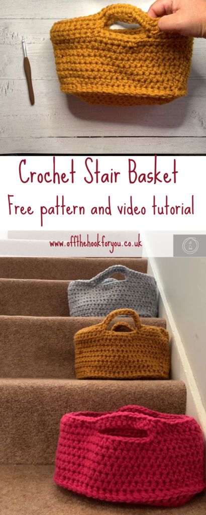 Handy Crochet Stair Caddy – off the hook for you Crochet Storage Baskets Free, Easy Crochet Basket Pattern, Crochet Oval, Stair Basket, Design For Wall, Oval Basket, Crochet Basket Pattern Free, Crochet Storage Baskets, Crochet Baskets