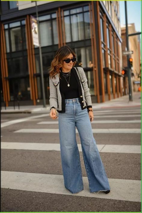 Spring Outfits Ideas For Women, Denim Blazer Outfit Womens Fashion, Pantalones Mom, Wide Leg Jeans Outfits, Cardigan Outfit Ideas, Wide Leg Outfit, Palazzo Jeans, Style Wide Leg Jeans, Wide Leg Jeans Outfit