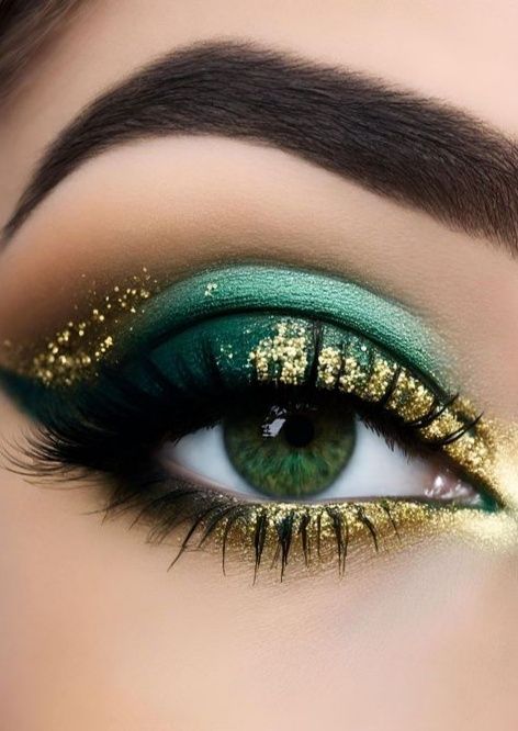 Gold And Emerald Makeup, Harry Potter Makeup Looks Slytherin, Slytherin Eye Makeup, Emerald Green And Gold Makeup, Emerald Makeup Look, Loki Makeup, Green And Gold Makeup, Slytherin Makeup, Emerald Green Makeup