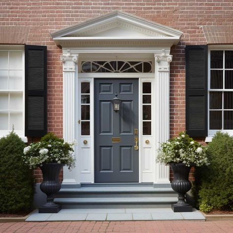 7+ Striking Exterior Front Door Trim Molding Designs to Enhance Your Home • 333+ Images • [ArtFacade] Brick Colonial Front Door, Dark Navy Front Door, Colonial Home Front Door, Colonial Front Door, Navy Front Door, Colonial Door, Colonial House Exteriors, Front Door Trim, Black Front Doors