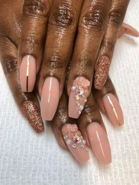 Blush powder, rose gold glitter and stripe, with pearls, petals and bling Nude And Rose Gold Nails, Chrome Nail Design, 16 Photoshoot, Chrome Nails Designs, Blush Powder, Chrome Nail, Rose Gold Nails, Mermaid Nails, Rose Gold Beads