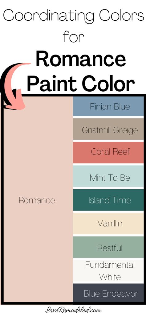 If you're looking for a blush pink paint color, Romance is perfect! Plus, look at all of the colors that coordinate with it!  #paintcolorideas #blushpink Coral Blush Paint Color, What Colors Go With Blush Pink, Blush Pink Pallete Color Schemes, Colors That Compliment Blush Pink, Pink Coordinating Colors, What Colors Go With Coral, Blush Pink Coordinating Colors, Colors That Go With Blush Pink, Blush Pink Color Combinations