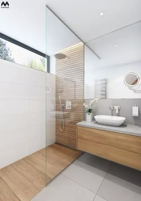 A minimalist bathroom with lots of wood Bathroom Two Toilets, Bathroom Wooden Tiles, Wood Tiles Bathroom, Wood Look Tile Shower Walls, Small Skylight, Wood Tile Shower Ideas, White And Wood Bathroom, White Stone Tiles, Wood Tile Shower