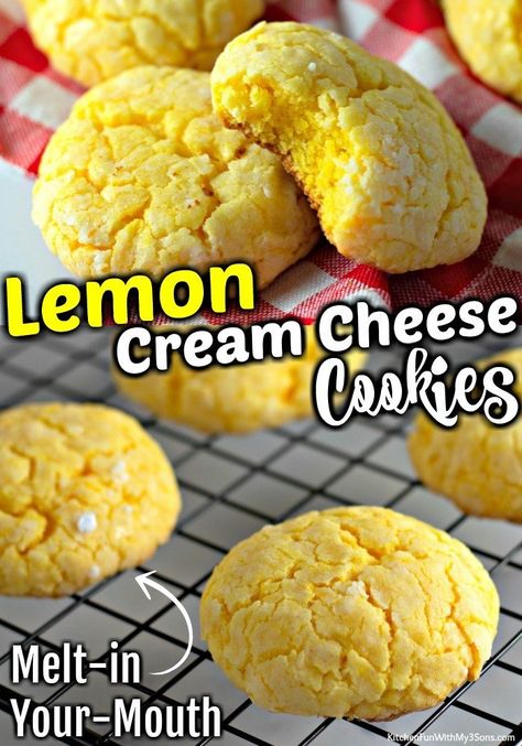 Cookies Made With Cream Cheese, Lemon Cream Cheese Cookies, Easy Lemon Cookies, Sugar Free Baking Recipes, Lemon Cake Cookies, Italian Lemon Cake, Cheese Cookies Recipe, Lemon Cake Mix Recipe, Mini Lemon Cheesecakes