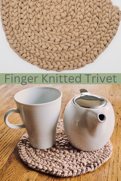 Macrame Trivet Diy, Finger Knitting Trivet, Macrame Trivet Hot Pads, Knitted Trivet, Finger Knit Trivet, Rope Trivet Diy, Loom Knit Trivet, Knitted Rope Trivet Pattern, Macrame Cord Trivet