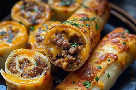 Cheesy Beefy Rolls, Cheesy Beef Roll Ups, Cheese Roll Ups, Ground Beef Seasoning, Cheese Roll, Beef Roll, Flavorful Vegetables, Appetizers Recipes, Food Stands