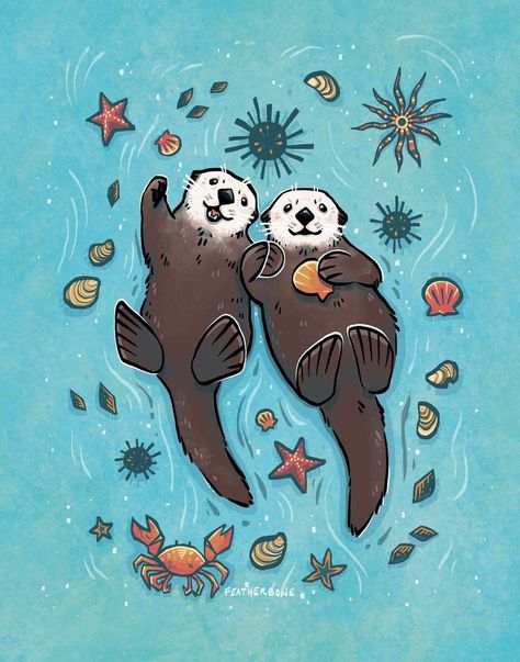 Otters Illustration, Sea Otter Painting, Sea Otter Drawing, Sea Otters Holding Hands, Otters Hugging, Cartoon Otter, Sea Otter Art, Otter Painting, Otter Cartoon