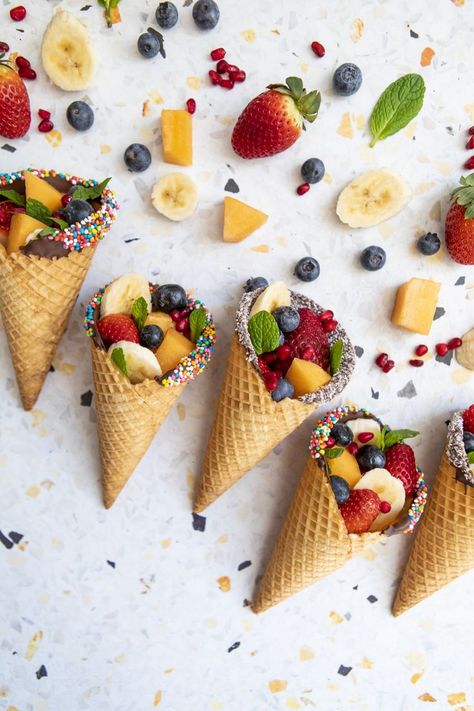 Fruit salad just got a whole lot more fun! Your little ones will have heaps of fun helping make these Choc Dipped Fruit Filled Cones. Fruit Salad Cones, Fruit Recipes For Kids, Dipped Fruit, Fruit Cones, Light Food, Cookie Decorating Party, Decorating Party, Chocolate Fruit, Food Photography Inspiration