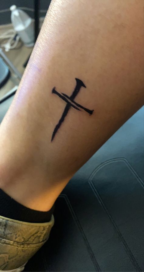 Cross Nails Tattoo, Cross With Nails Tattoo, Cross Of Nails Tattoo, Men’s Tattoos Forearm Cross, Three Nails Cross Tattoo, Male Cross Tattoos, Cross Calf Tattoo Men, 3 Nails Cross Tattoo, Three Nails Tattoo