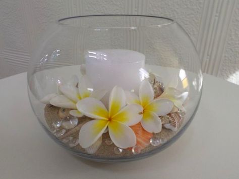 Center pieces with the plumeria! Fishbowl Centerpiece, Gem Candles, Beach Centerpieces, Glass Bowl Decor, Paradise Wedding, Best Wedding Colors, Hawaiian Birthday Party, Luau Wedding, Fiesta Tropical