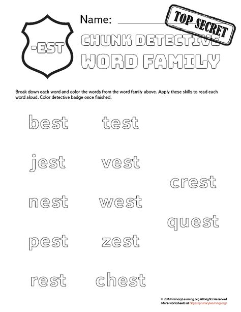 This worksheet helps young students read words by using chunks. Students break down EST family words. #worksheets #kindergarten #wordfamilies #primarylearning https://primarylearning.org/worksheet/est-family-words/?utm_source=pinterest&utm_medium=social&utm_campaign=fundamental_skills&utm_term=word_families&utm_content=chunk_detective Un Family Words, Word Families Printables, Word Family List, Family Words, Word Family Worksheets, Free Homeschool Resources, Worksheets Kindergarten, Word Family, English Teaching