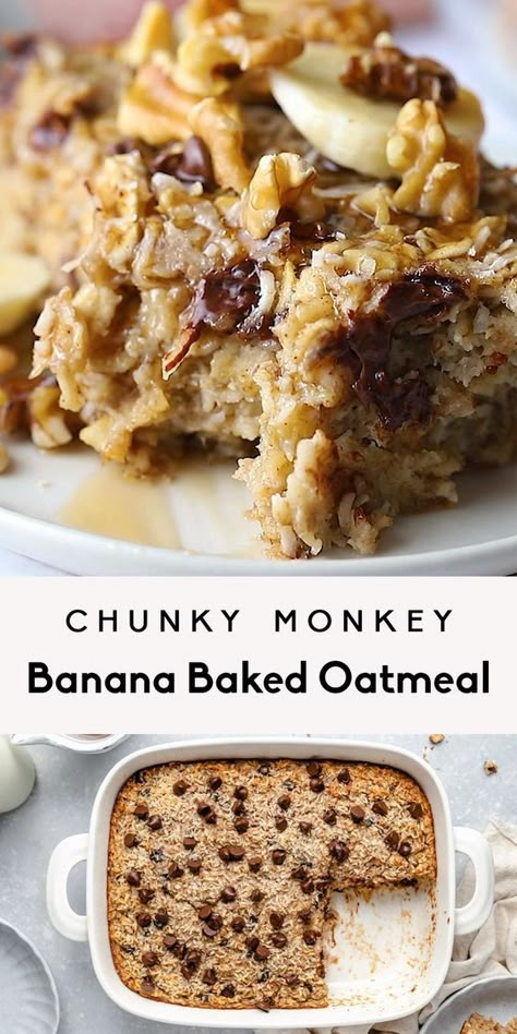 Delicious chunky monkey banana baked oatmeal packed with healthy fats from coconut and walnuts. This easy, healthy banana baked oatmeal recipe is freezer-friendly and naturally sweetened with bananas & pure maple syrup for the perfect breakfast! Add chocolate chips to make it extra special. #oatmeal #breakfast #brunch #glutenfree #bakedoatmeal #banana Oatmeal Healthy, Baked Oatmeal Healthy, Monkey Banana, Baked Oatmeal Recipe, Banana Baked Oatmeal, Healthy Diet Food, Ambitious Kitchen, Baked Oatmeal Recipes, Healthy Food Menu