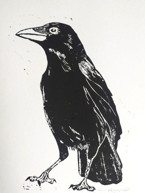 Handmade handprinted linocut crow Print may vary a little as they are handprinted and unique A5 You can feel the texture of the ink on the high quality watercolour/mixed media paper Linocut Crow, Raven Linocut, Crow Linocut, Crow Print, Raven Illustration, Common Crow, Crow Illustration, Crows Drawing, Ink Texture