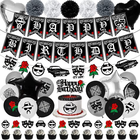 PRICES MAY VARY. Package Include -- The cholo party decoration pack including 1 black HAPPY BIRTHDAY banner, 1 cholo themed garland, 24 cholo latex balloons (6 style), 2 star-shaped foil balloons, 2 heart-shaped foil balloons, 1 cake topper, 12 cupcake toppers, 8 paper pompoms (3 style). Upgraded Felt Material -- The cholo themed HAPPY BIRTHDAY banner, garland, cake topper set is made of high quality felt material, durable, colorful, eco-friendly, odorless and reusable. Cholo Themed Design -- Th Low Rider Party Theme, 2pac Birthday Party Ideas, Lowrider Birthday Theme, Chola Birthday Party Ideas, Cholo Birthday Party, Cholo Theme Party Birthday, Lowrider Theme Party, Cholo Party Theme Ideas, 2pac Birthday