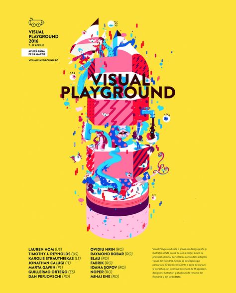 Graphics for Visual Playground 2016, a graphic design and illustration school based in Bucharest, Romania. Playground Illustration Graphic Design, Playground Graphic Design, Playground Illustration, School Graphic Design, Illustration School, Music Festival Poster, Infographic Illustration, Playground Design, Typography Layout