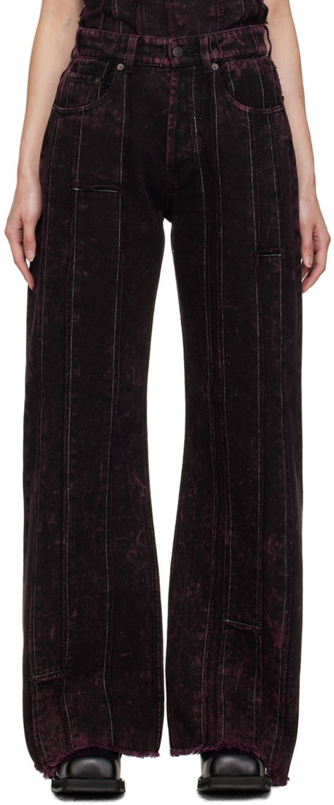 Find Acne Studios Burgundy Loose Fit Jeans on Editorialist. Wide-leg garment-dyed non-stretch denim jeans. Bleached effect and frayed edges throughout. · Paneled construction · Belt loops · Five-pocket styling · Button-fly · Contrast stitching in white Supplier color: Black/Wine red Bleached Jeans Design, Bleach Dyed Jeans, Bleach Pants, Dyed Jeans, Bleaching Clothes, Denim Washes, Grunge Jeans, Unique Jeans, Distressed Pants