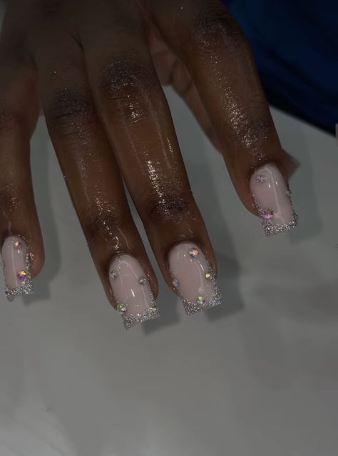 Medium Chrome French Tip Nails, Light Pink And Silver Nails Prom, Silver French Tip Pedicure, Sparkle French Tip Nails Square, Glitter French Tips Acrylics Short, Sparkly Biab Nails, Jeweled French Tip Nails, Shorties Acrylic Nails Square Design, Birthday Biab Nails