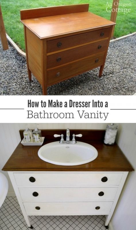 A step-by-step tutorial on how to make a dresser into a vanity to add character and save money! Kitchenette Ideas, Diy Dresser Makeover, Diy Bathroom Vanity, Dresser Vanity, Dressers Makeover, Shabby Chic Bathroom, Diy Dresser, Chic Bathrooms, Diy Bathroom Decor