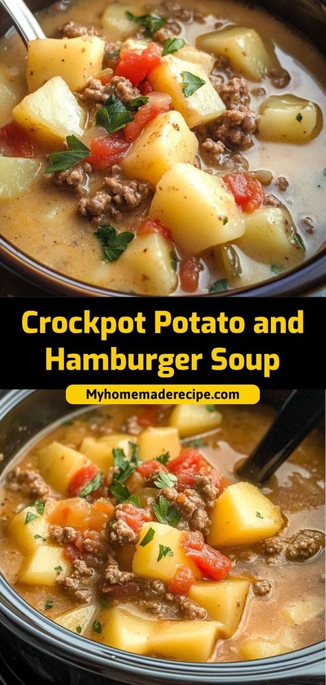 This Crockpot potato and hamburger soup is creamy, hearty, and filled with tender potatoes, seasoned ground beef, and cheese. Perfect for a cozy, easy-to-make meal! Ingredients: 1 lb ground beef, cooked 4 cups diced potatoes 4 cups beef broth Serve this comforting soup warm with crusty bread or crackers. Crockpot Creamy Potato & Hamburger Soup, Potato And Hamburger Soup, Potato And Hamburger, Potato Hamburger Soup, Crock Pot Hamburger, Hamburger In Crockpot, Hamburger Potato Soup, Soup Sunday, Crockpot Potato