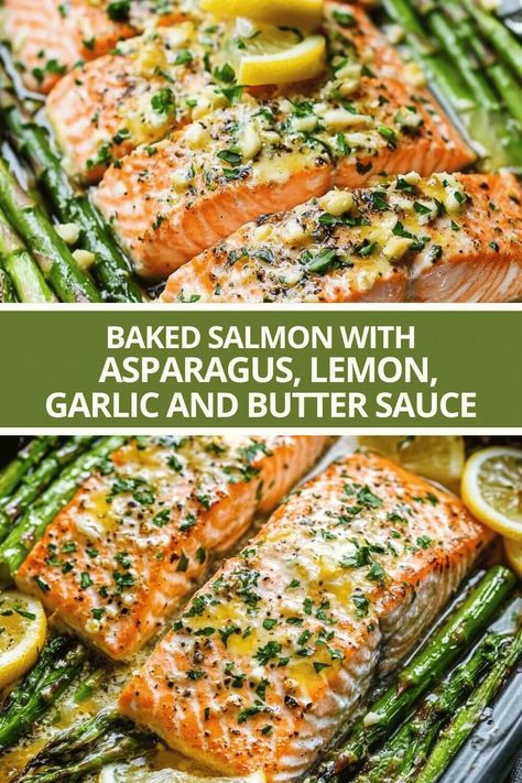 Baked Salmon with Asparagus, Lemon, Garlic and Butter Sauce Salmon Lemon Caper Sauce, Baked Frozen Salmon, Salmon And Asparagus Recipes, Salmon And Asparagus Baked, Garlic Butter Salmon Baked, Easy Salmon Recipes Baked, Baked Salmon With Asparagus, Crisp Asparagus, Baked Salmon In Foil