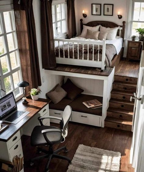 Tiny House Loft Bedroom, Old High School, Downstairs Bedroom, Tiny House Bedroom, Bunk Beds Built In, Tiny House Loft, Tiny House Decor, Tiny Spaces, Tiny House Interior