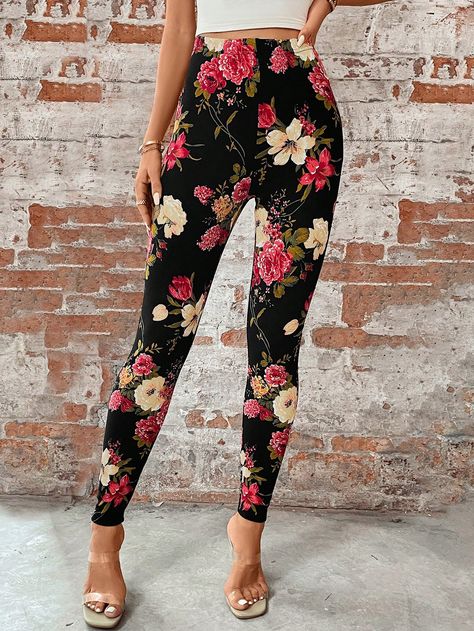 Multicolor Casual Collar  Knitted Fabric Floral Regular Embellished Medium Stretch  Women Clothing Outfit Leggins, Flower Leggings, Hip Lifts, High Waist Leggings, Leggings Sale, Leggings Casual, Fabric Floral, High Waisted Leggings, Women's Leggings