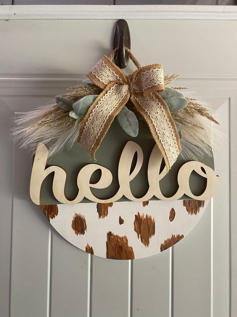 How To Paint Cow Print, Cow Crafts For Adults, Cow Print Welcome Sign, Wooden Letter Painting Ideas, Evergreen Fog, Cow Wreath, Western Wreaths, Cowhide Decor, Timeless Farmhouse