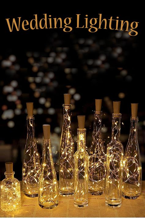 Wine Bottle Lights Centerpieces For Wedding, Fairy Light Wedding Centerpieces, Wine Bottle Lights Wedding, Twinkle Lights Wedding Decor, Vases With Lights, Wedding Bottle Decorations, Bottle Lights Wedding, Lights In Bottles, Bottle Centerpieces Wedding