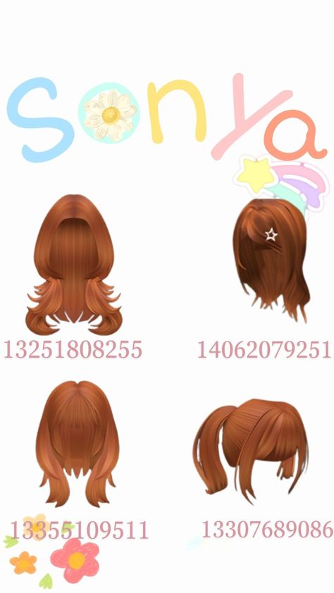 Hair Codes Ginger, Roblox Hair Codes, Blocksburg Outfit Codes￼, Roblox Hair, Hair Codes, Y2k Hair, Roblox Clothes, Star Tattoo Designs, Kawaii Crafts