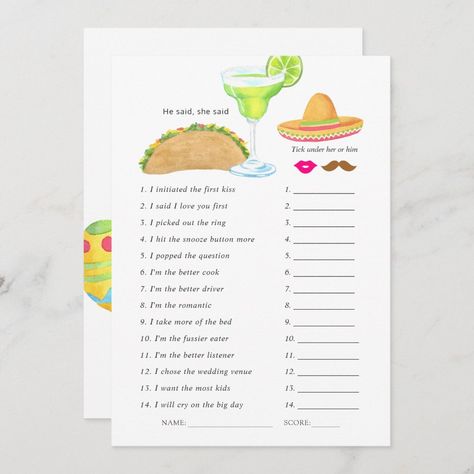 Mexican Fiesta Taco Bridal Shower Game Invitation Size: 5" x 7". Gender: unisex. Age Group: adult. Material: Matte. Fiesta Wedding Shower, Mexican Fiesta Bridal Shower, Mexican Bridal Showers, Fiesta Bridal Shower Invitations, Fiesta Bridal Shower, Couple Wedding Shower, Fiesta Wedding, Fiesta Theme, Lingerie Shower