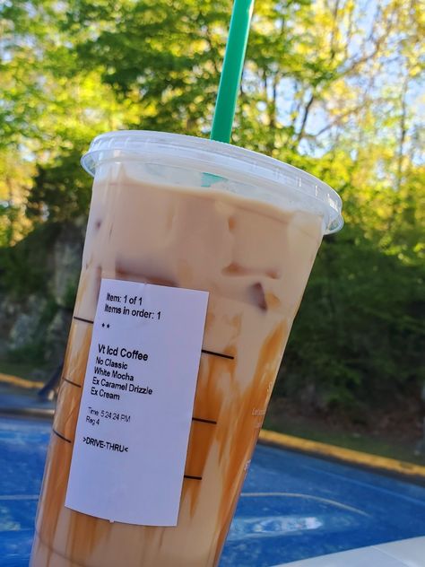 Popular Starbucks Drinks Iced, Iced White Mocha With Caramel Drizzle, Trenta Iced Coffee Starbucks, Iced Coffee Starbucks Caramel, White Mocha Iced Coffee Starbucks Drinks, Sweetest Starbucks Iced Coffee, Caramel Drinks From Starbucks, Starbucks Caramel Iced Coffee, Caramel Iced Coffee