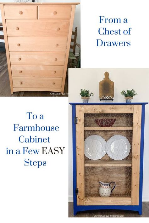 Take an outdated wood chest of drawers and repurpose it into a beautiful farmhouse cabinet in a few easy steps! #repurposedfurniture #farmhouse #diy #dresser #blue Repurposed Chest Of Drawers, Drawer Projects, Repurposed Hutch, Blue Painted Cabinets, Milk Paint Furniture, Farmhouse Cabinet, Upcycle Dresser, Blue Painted Furniture, Wood Chest Of Drawers