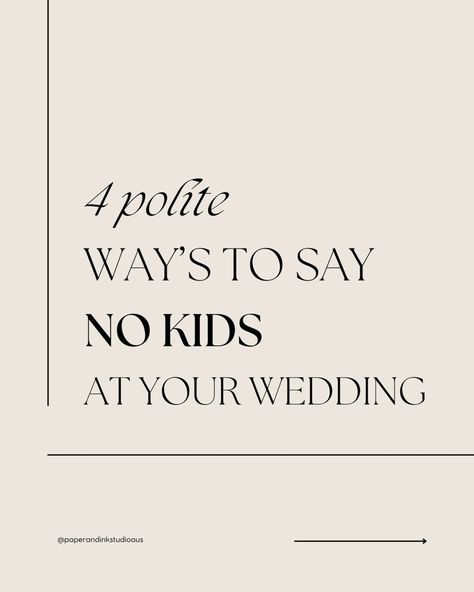 HOT FAQ incoming!!! Q: How do we say NO kids to our wedding guests? A: Say it with your wedding invitation. In this post we have given you 4 polite ways, wording suggestions to say NO KIDS on your wedding invite. WEDDING TIP: Put this request on a separate card, like your "details or info' card. It will give you more room to use enough words to sound polite, instead of trying to cram it on your main invite. 💘SAVE THIS POST OR SHARE WITH A TO BE WED COUPLE. @paperandinkstudioaus We... No Kids At Wedding Invitation Wording, No Kids Allowed Wedding Invitations, No Kids At Wedding Wording, No Kid Wedding Invitation Wording, How To Say No Kids At Wedding On Invite, No Children Wedding Invitation Wording, No Kids Wedding Invitation, No Plus One Wedding Wording, No Kids Wedding Invite Wording