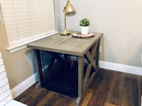 Diy Wood Kennel Cover, Dog Kennel Table Top Diy, Dog Kennel Wood Top Diy, Diy Dog Crate Cover Wood, Dog Kennel Table Top, Pet Crates, Dog Crate End Table, Dog Crate Table, Diy Dog Crate