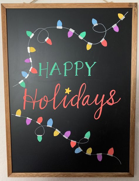 December White Board Art, Chalkboard Ideas For Christmas, Christmas Lights Chalkboard Art, Winter Dry Erase Board Art, Chalkboard Designs Christmas, Christmas Black Board Ideas, White Board Christmas Ideas, Winter Whiteboard Art, Happy Holidays Chalkboard Art