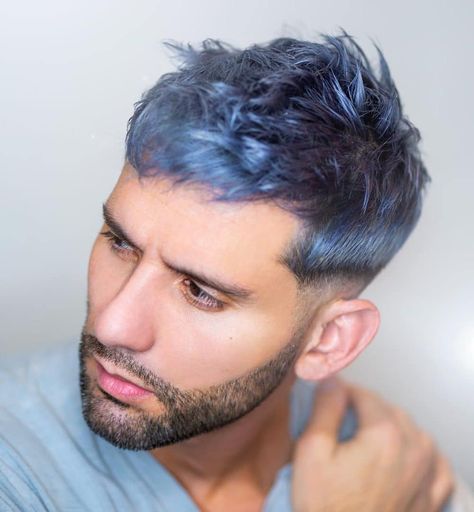 Blue Hair Color For Men, Men Blue Hair, Men Hair Color Trends, Metallic Blue Hair, Ombre Hair Men, Blue Hair Men, Messy Hair, Mens Hairstyles Round Face, Mens Messy Hairstyles