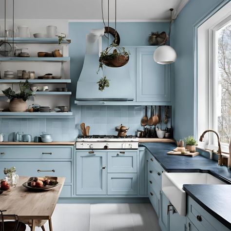 Dusky Blue Kitchen, Blue Kitchen Designs, Traditional Style Kitchen, Light Blue Kitchens, Timber Table, Lake Cabin, Color Quartz, Dusky Blue, Quartz Counter