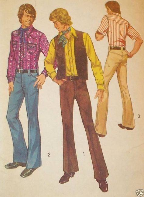 Again, Totally Not Gay in its own time. Mens Western Vest, 70s Fashion Men, 70s Inspired Outfits, Western Vest, 70s Men, Shirt Vest, 1970s Fashion, Vest Shirt, Simplicity Patterns