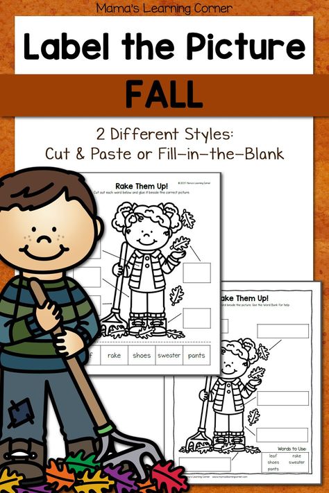 Fall Label the Picture Worksheets Labeling Kindergarten, Writers Workshop Kindergarten, Fall Kindergarten Activities, Fall Labels, Labeling Activities, Learning Corner, Writing Support, Busy Activities, Fall Kindergarten