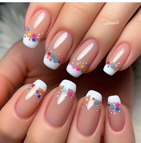 Colored French Dip Nails, Clear Nails With Polka Dots, Tipped Nail Designs, French Tips Nails Ideas, White And Rainbow Nails, French Tip Nails 2024, Funky French Tips, Cute French Nail Designs, Nails With Dots Design